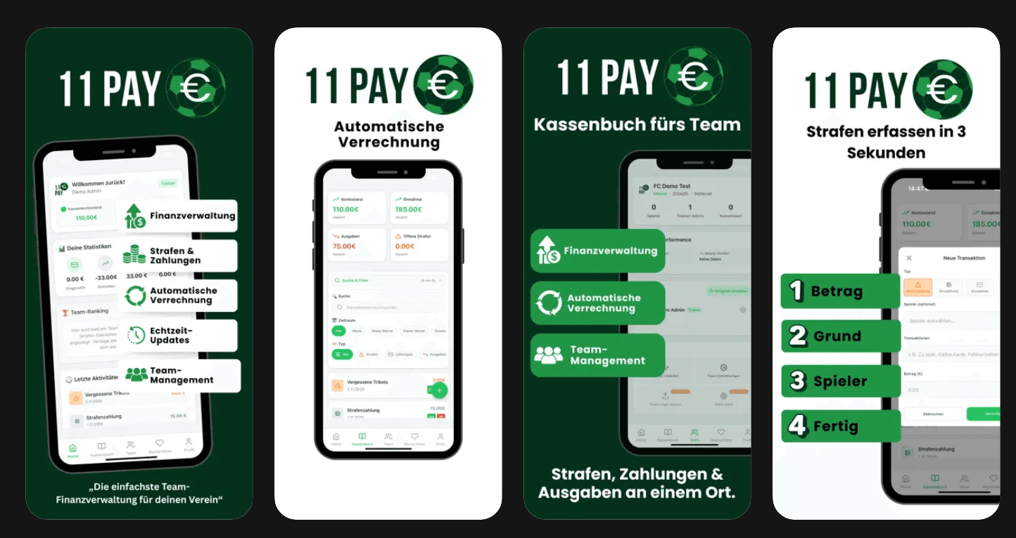 11Pay App Store preview screens showing team finance management