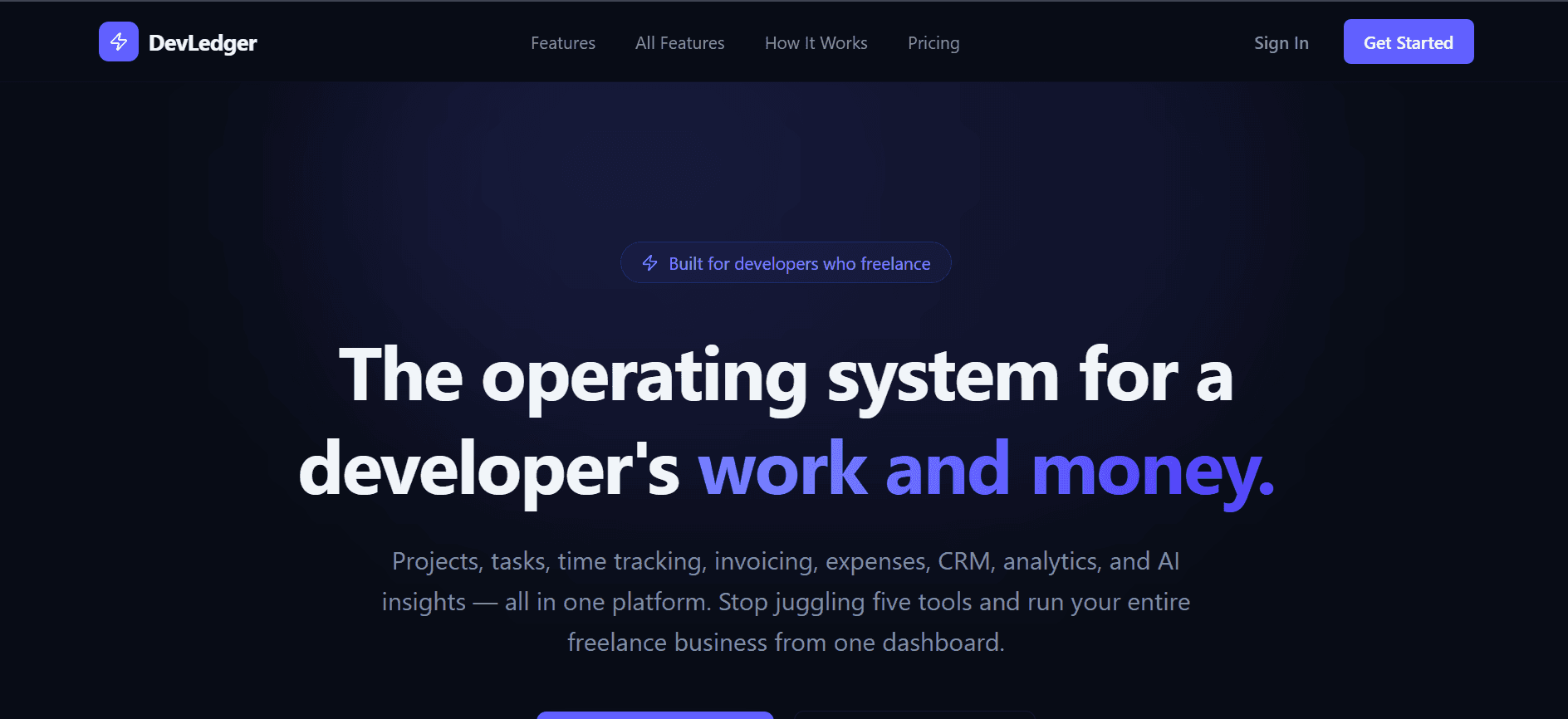 DevLedger marketing site hero section