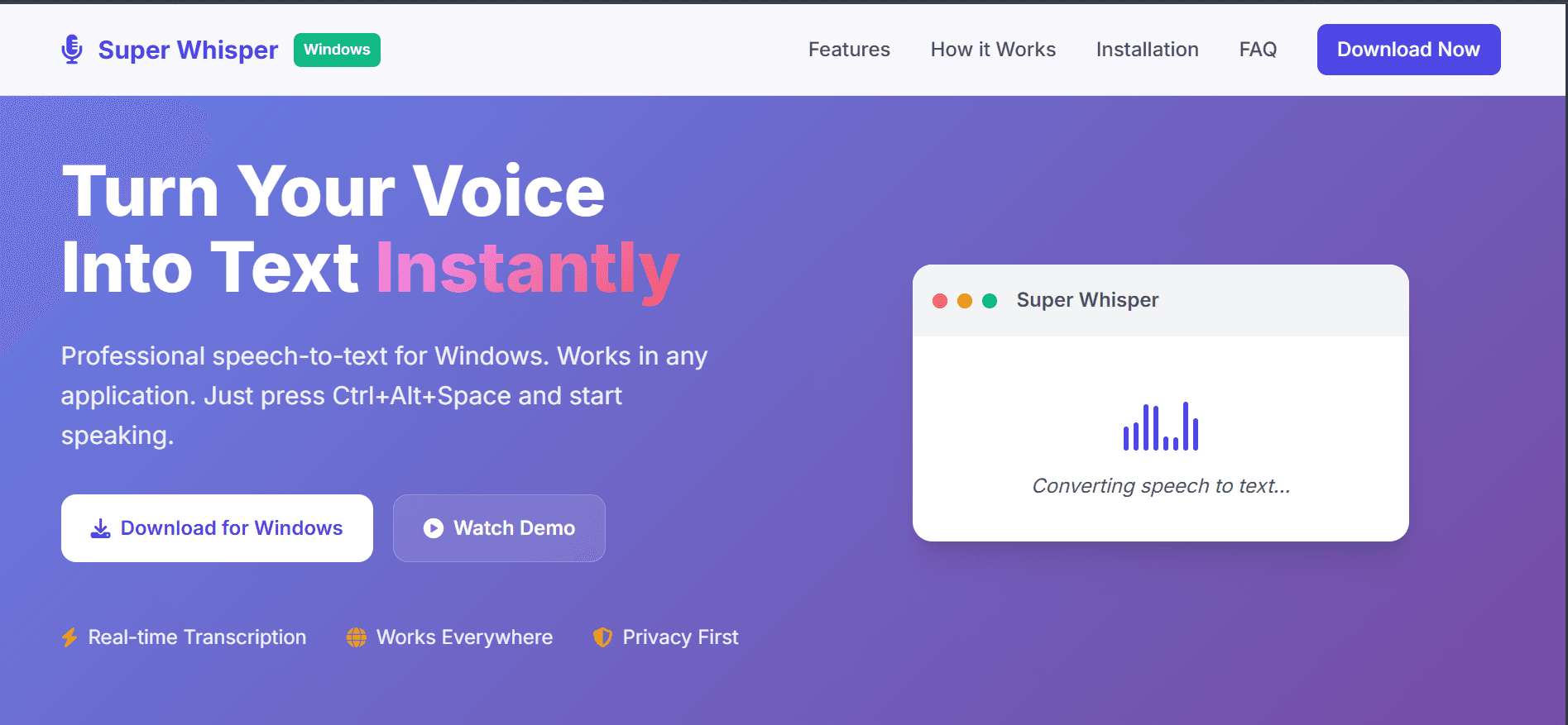 Super Whisper landing page hero section