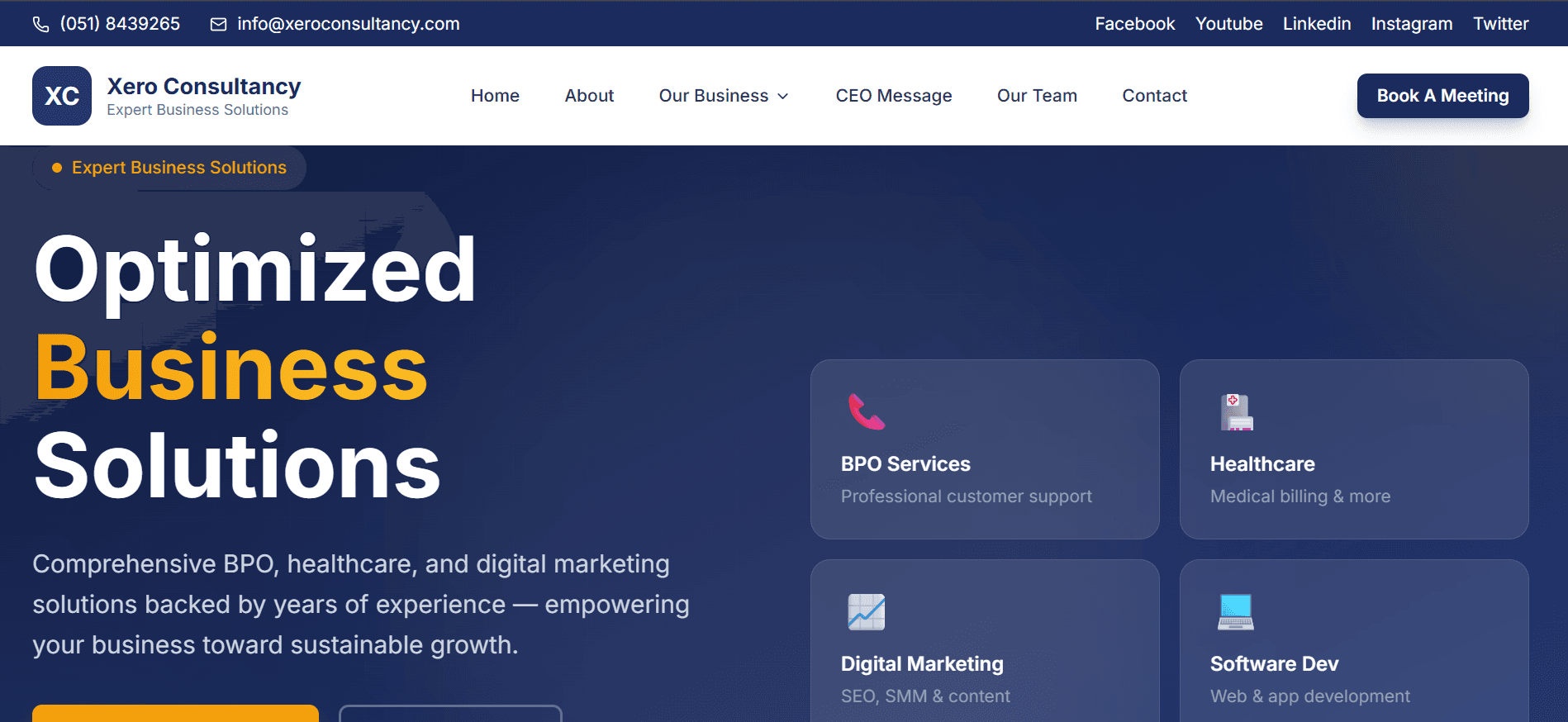 Xero Consultancy homepage showing the business solutions hero section